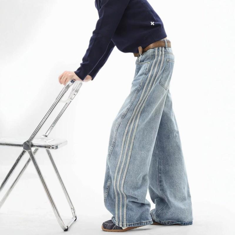 American Washed Side Stripe Bootcut Jeans Men Women Loose Wide Leg Distressed Denim Pants Streetwear Style