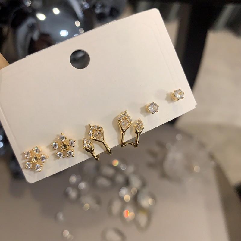 Minimalist Stud Earrings Set 3 Pairs Gold Tone CZ Geometric Floral Design Women Daily Wear