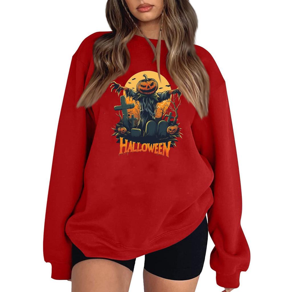Women's Casual Round Neck Long Sleeved Pullover, Halloween Printed Top, Long Sleeved Hoodie
