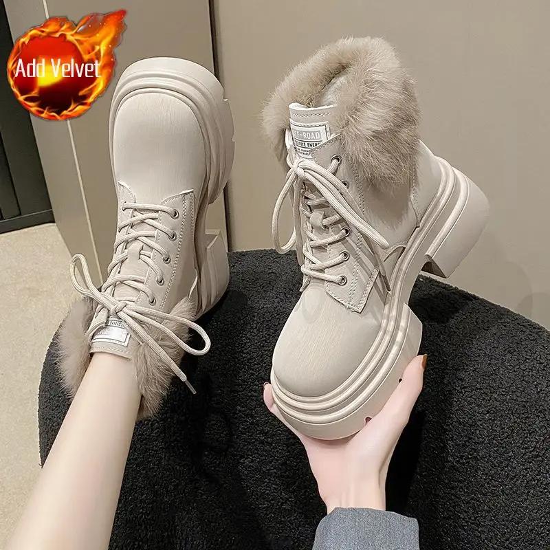 Элегантные на шнуровке на среднем каблуке с круглым носком шнурки женская обувь мода весна 2024 39 большой размер теплые на молнии женские зимние ботинки