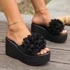 Small Foreign Trade Flowers One-word Women Wear Large Size European and American Muffin Shoes Thick-soled Slope Heel Cool Slippers Summer