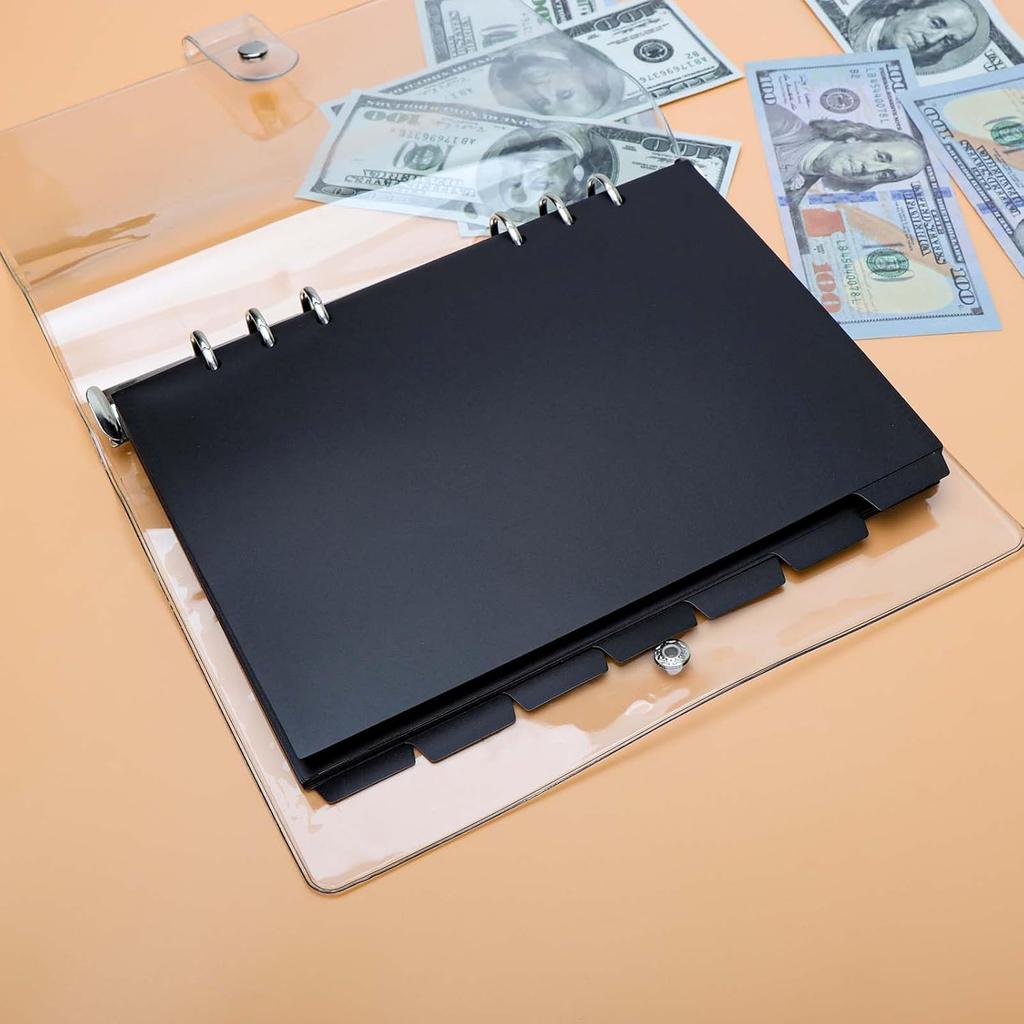 Mogoostry A5 Binder Pocket 7-Tab Binder Dividers Index Pocket Dividers for 6 Ring Binder 1/7 Cut Black Plastic Sheets Protectors, Pack of 2 Sets, 14