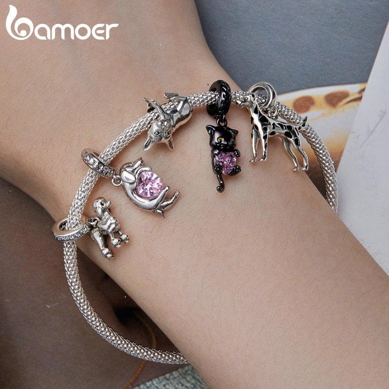 BAMOER позолоченные бусины-подвески в виде собаки для браслета с подвесками, подлинное серебро 925 пробы, подвеска в виде бордер-колли, таксы, шнауцера