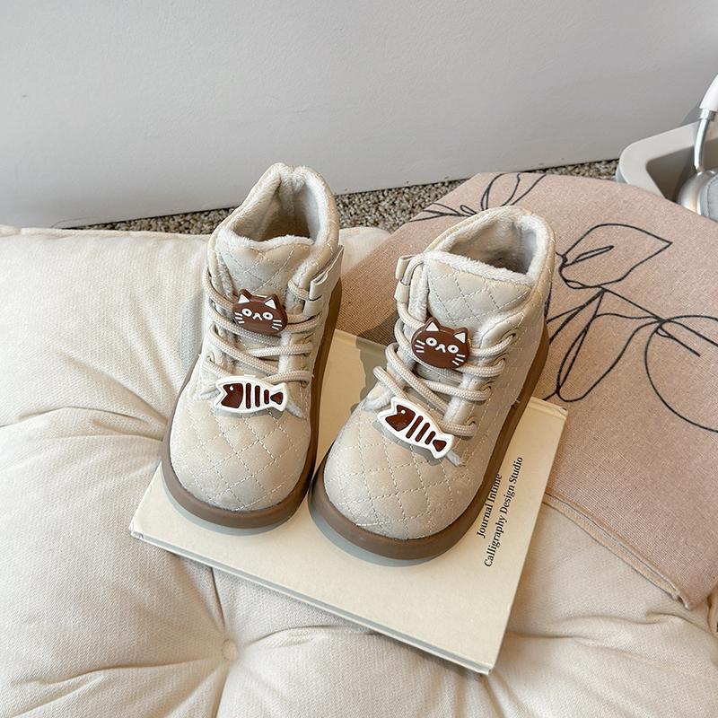 Милые зимние ботинки для девочки Толстая подошва Мультяшный кот Детские модные ботильоны Повседневные Теплые Универсальные Детские хлопковые ботинки Круглый носок