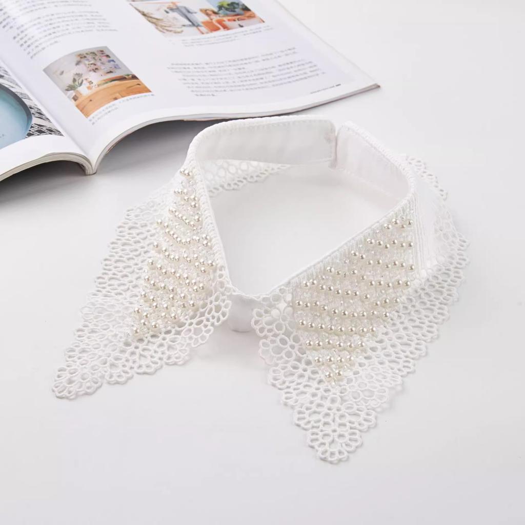 Lace Black White Detachable Fake Collar Beaded Tie Shirt Women's Blouse Top Dickey Detachable Lapel Fashion Accessory