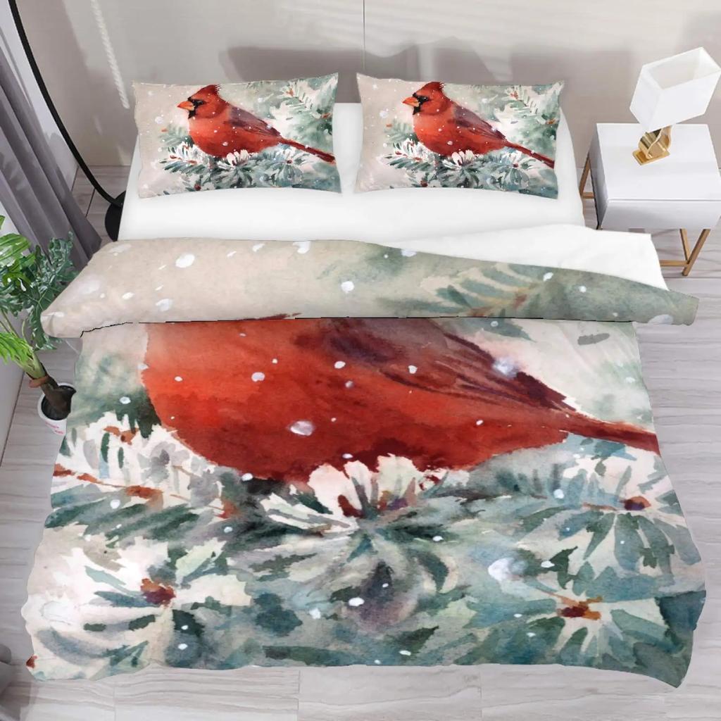 Cardinal Duvet Cover Set Red Bird Bedding Set For Child Youth Pine Tree Comforter Cover Animal Snow King Size Soft Quilt Cover
