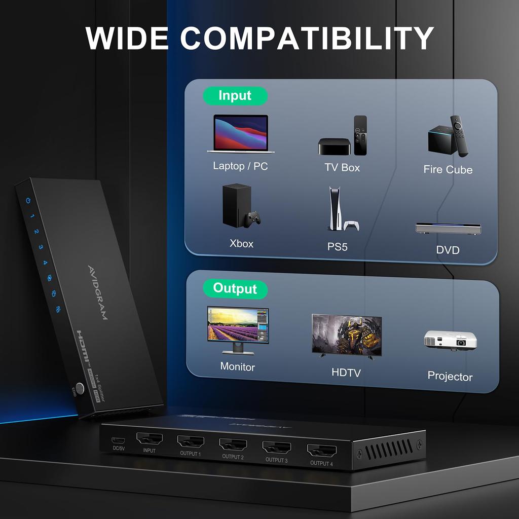 HDMI splitter 1 input 4 output 4K 60Hz AVIDGRAM HDMI splitter compatible with 4 ports 1 input 4 output splitter 4 screen simultaneous output 1080p
