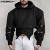 Men Long Sleeve Solid Crop Hooded Hoodies Short Tops