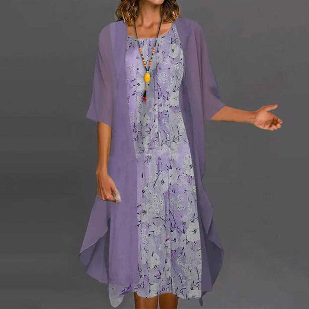 Women's Casual Fashion Print Round Neck Medium Long Length Two Piece Set Dress