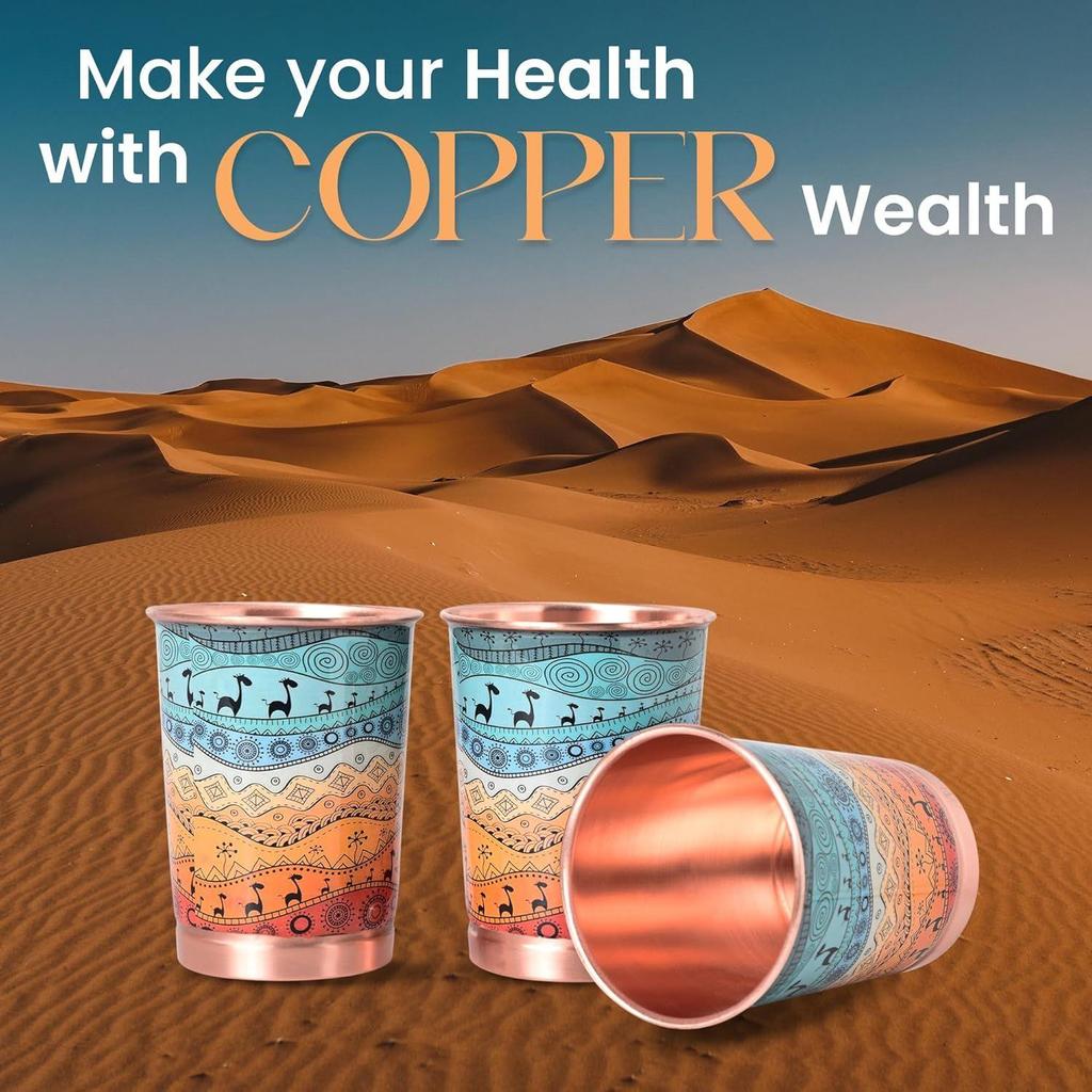 Copper Printed Design 250ML Water Glass with Rust Proof Protection for Home and Office Use Ayurveda and Yoga Health Benefits Glass Set of 6