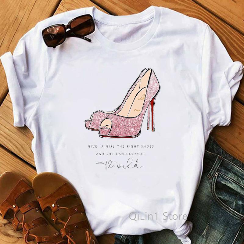 New Women's T-Shirt Pink High Heel Top Female T Shirts Lady Luxury Make Up Paris Style Shirt Harajuku Summer Tops Short Clothes