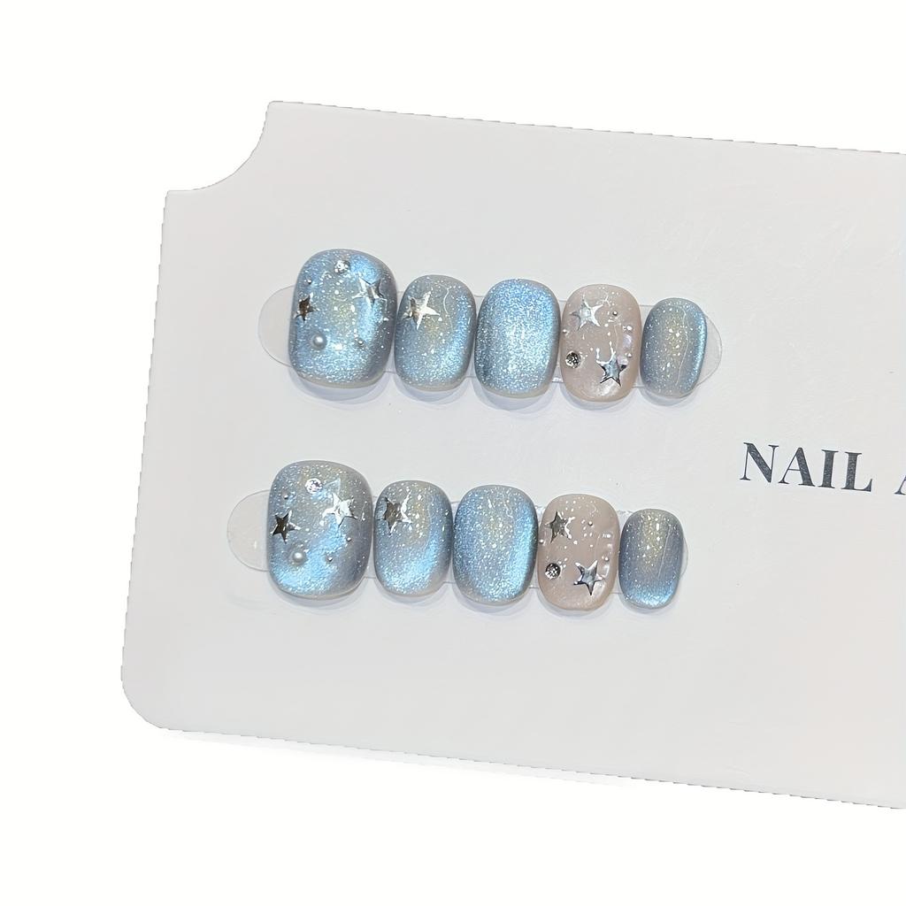 10 Pcs Handmade Blue Star Cat Eye Short Press On Nails Full Coverage Detachable Fake Nail Tips For Women And Girls