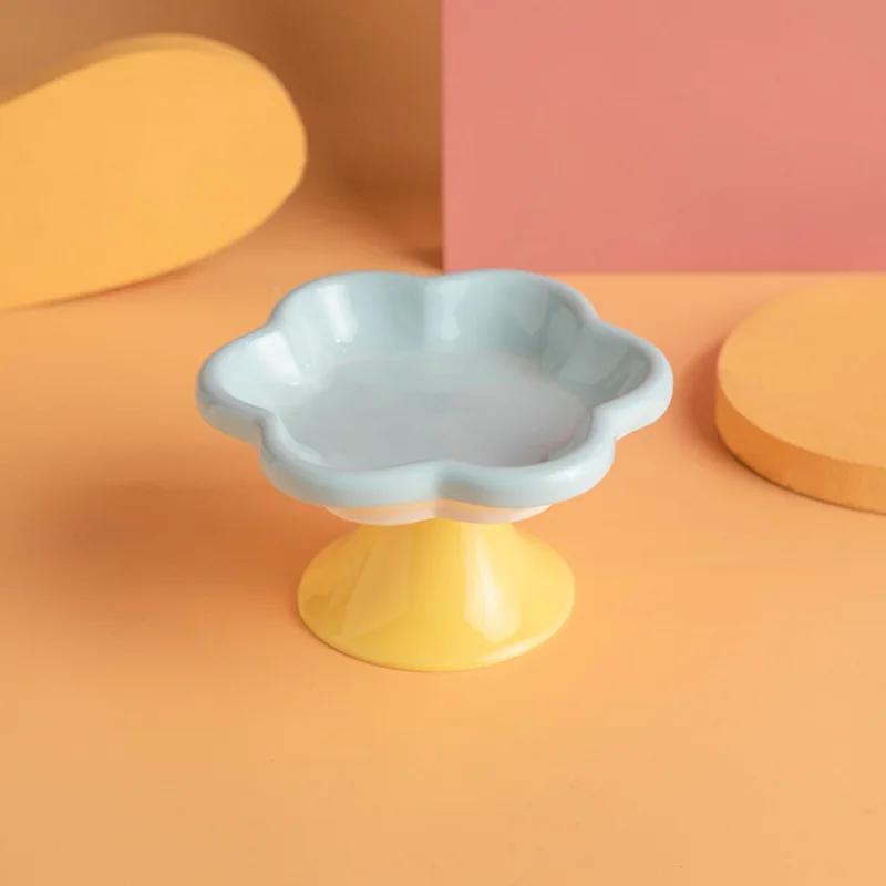 Керамическая приподнятая миска для кошек с цветочным узором, приподнятая миска для кошачьей еды, тарелка для воды, закусочная тарелка с подставкой для защиты шеи