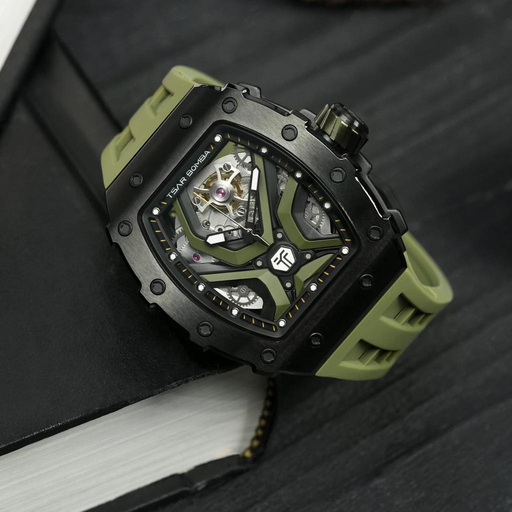 TSAR BOMBA Watch Business 50M Water Resistant Skeleton Watch Stylish Stainless Steel Tonneau Face Arm Watch for Men Luminous Japanese Movement Olive
