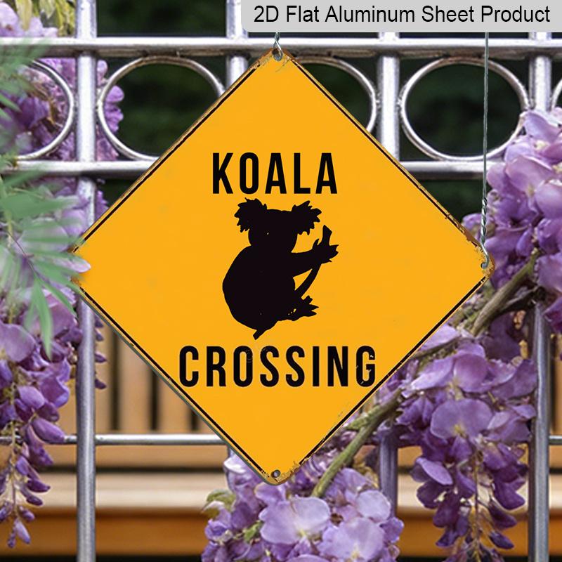 2D Flat 1pc, Vintage Koala Crossing Sign - Funny Warning Road Sign with Koala Crossing Xing Markings, Yellow Diamond Metal Caution Sign for