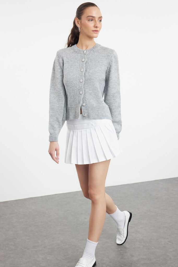Women's Elegance Style Cardigan Stone Soft Textured Jewel Buttoned Jacket Look Knitwear Cardigan