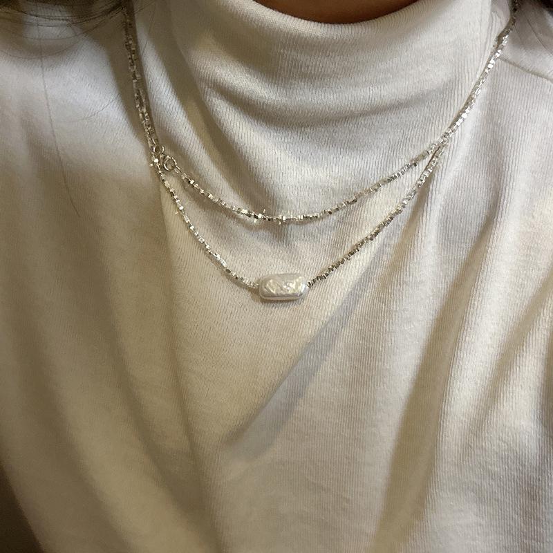 Корейское геометрическое ожерелье из стерлингового серебра 925 пробы с жемчугом - Неправильная многослойная цепочка для ключицы