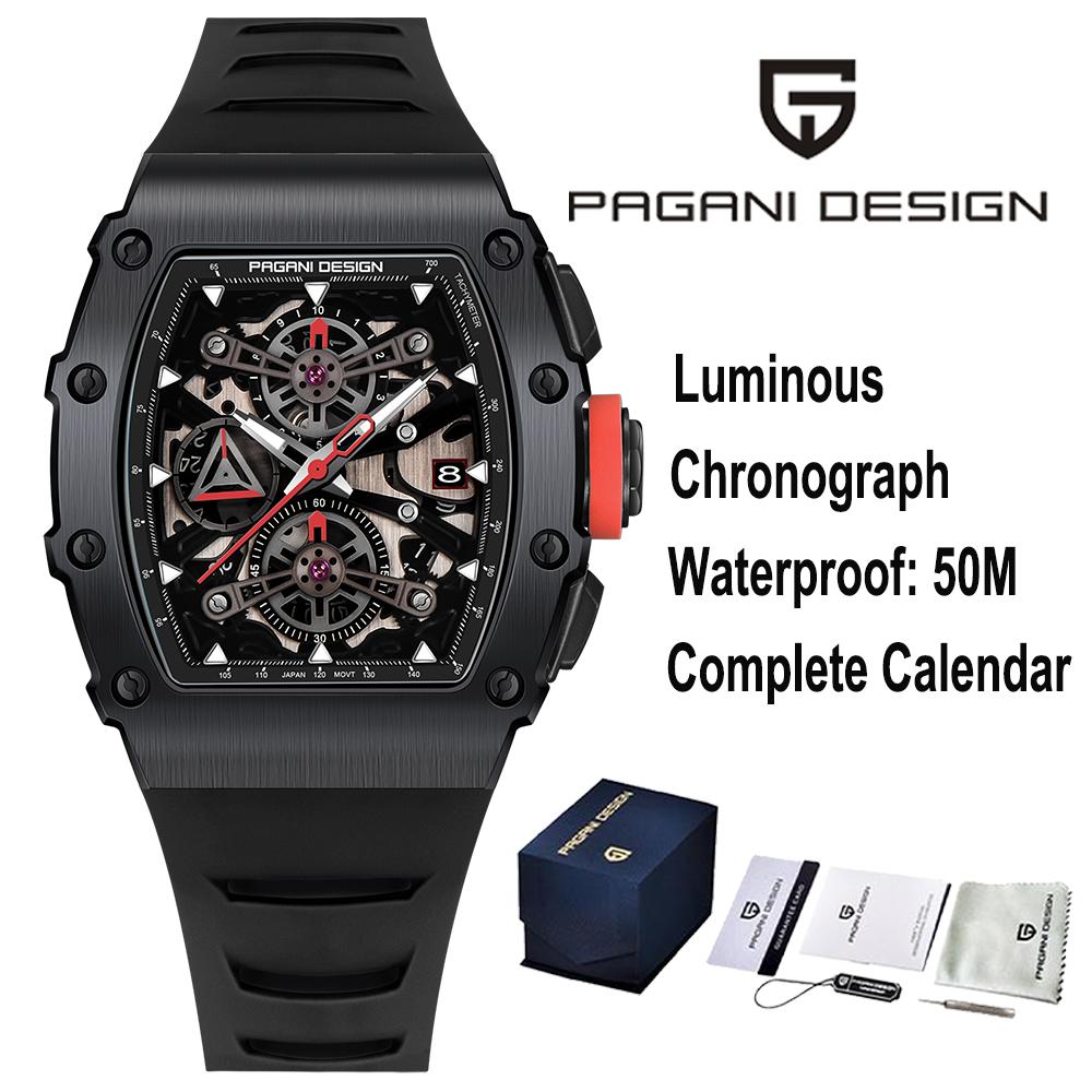 PAGANI DESING Men's Quartz Watches Skeleton Dial 100M Waterproof Sport Rectangle Sapphire glass Watch for Men