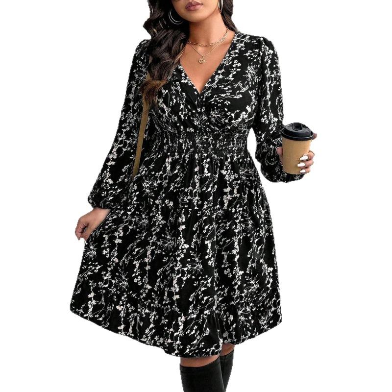 Plus Size Women S V Neck Bubble Long Sleeve Floral Vintage Mini Dress
