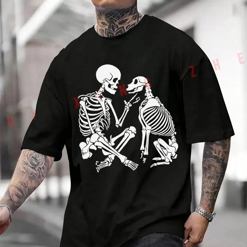 Human And Dog Skeleton Design Motorcycle Men's Summer Cotton T-shirt Short Sleeved Casual Round Neck Tops