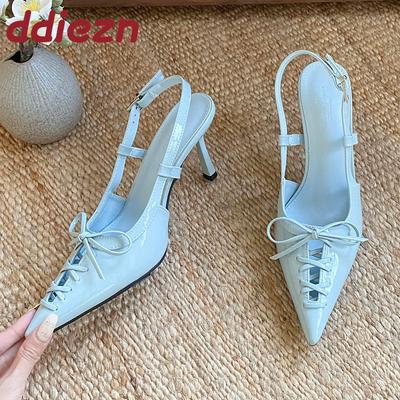 Модные синие туфли-лодочки с бантом-бабочкой, женские туфли на высоком каблуке, женская обувь с острым носком, с пряжкой, женские туфли на шпильке, 2025 новинка