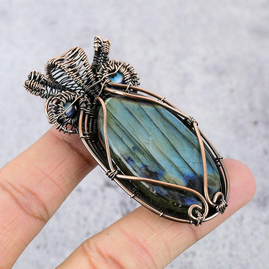 Labradorite & Blue Evil Eye Pendant, Handmade Gemstone 999 Copper Wire Wrapped Pendant Antique Jewelry, For Gift Silver Jewelry