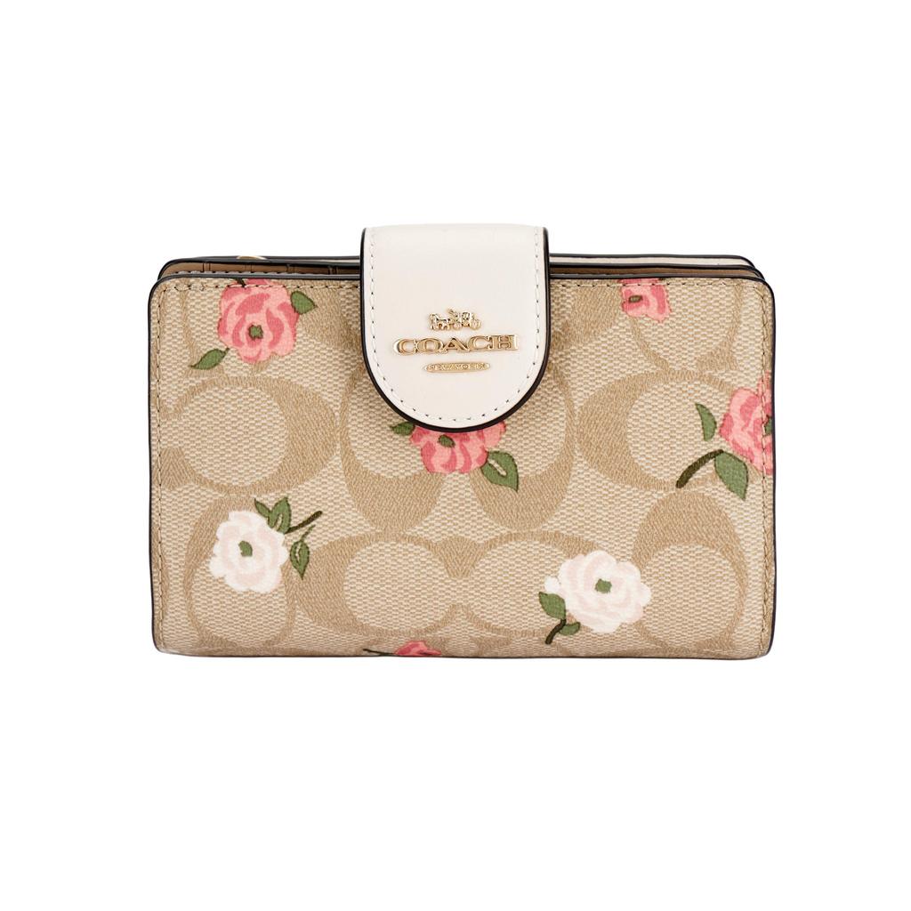Coach Кошелек женский с боковой молнией 13 Цветочный принт Логотип Покрытие из холста и кожи Золотой Светло-хаки Мультиколор CR968-IMOTV