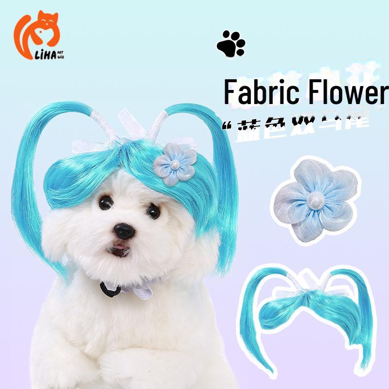 Очаровательный двойной конский хвостик, синий парик для домашних животных - милый головной убор для переодевания кошек и собак