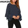 IHUASU Summer Spring Polka Dot Trumpet Sleeve Top Plus Size Folding Sleeve Chiffon Top