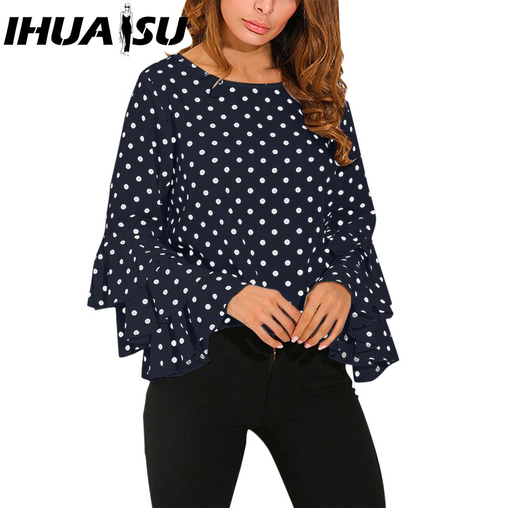 IHUASU Summer Spring Polka Dot Trumpet Sleeve Top Plus Size Folding Sleeve Chiffon Top