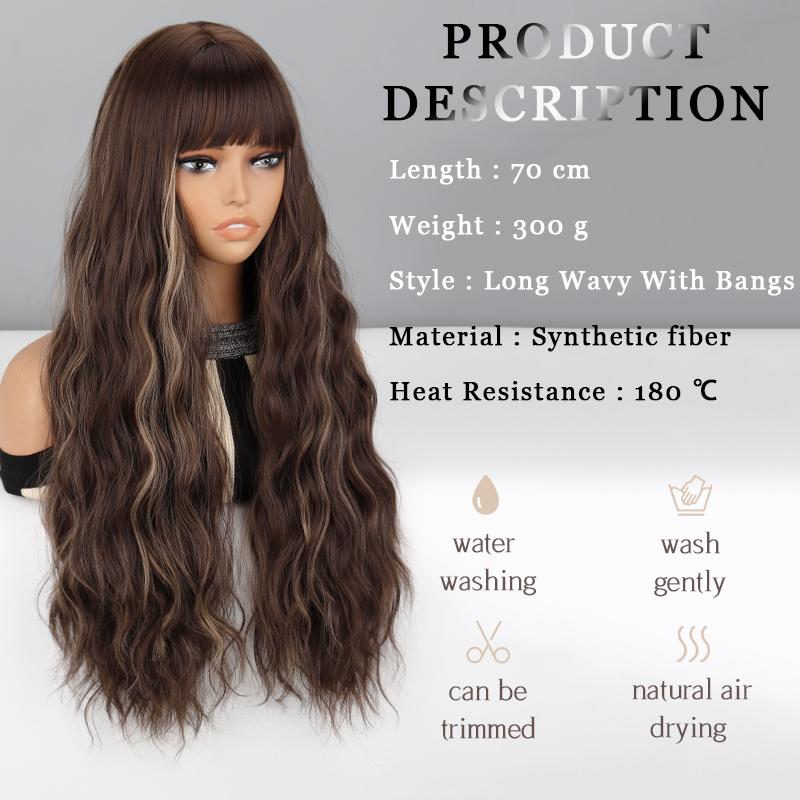 MISS WIG Женская мода Коричневый со светло-русыми бликами Длинный волнистый парик с челкой Натуральный волнистый парик из синтетического волокна