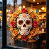 Weatherproof Skull Glass Film Day of The Dead Flower Static Sticker, Colorful Mexican Floral Decals Halloween Decal, Waterproof PVC Removable