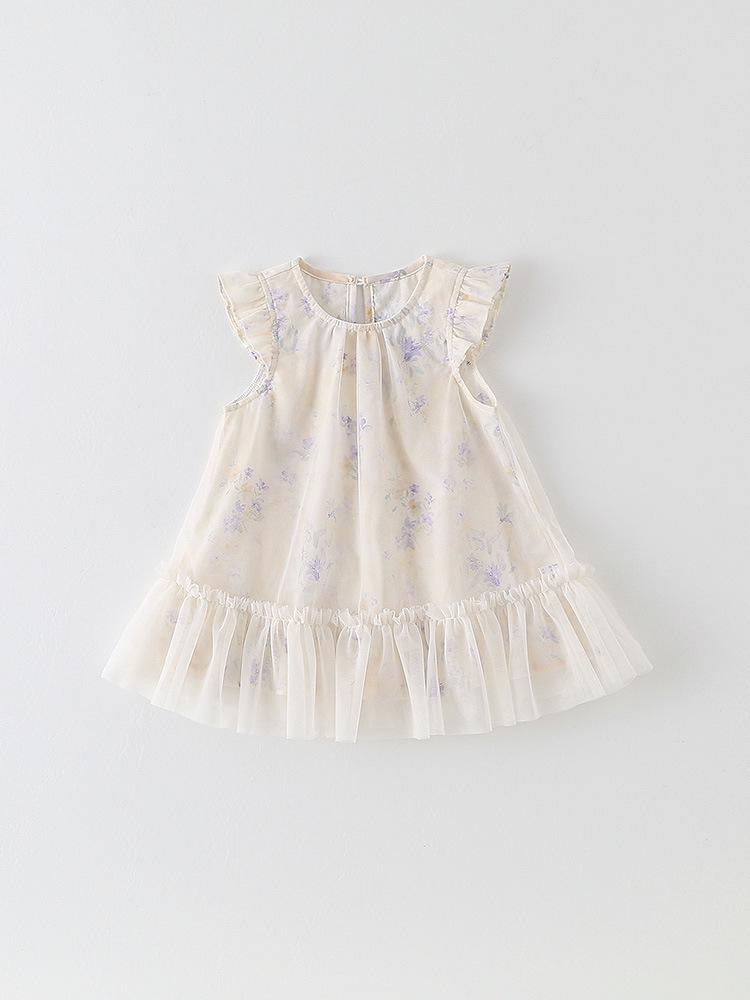 Korean Style Girls' Floral Puff Sleeve Princess Dress with Breathable Mesh Skirt for Infants and Toddlers