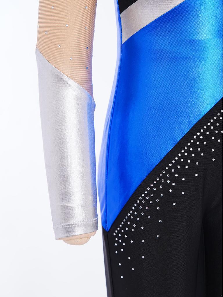 Girls Gymnastics Jumpsuit Metallic Color Block Design Round Neck Long Sleeve Back Invisible Zipper Bodysuit