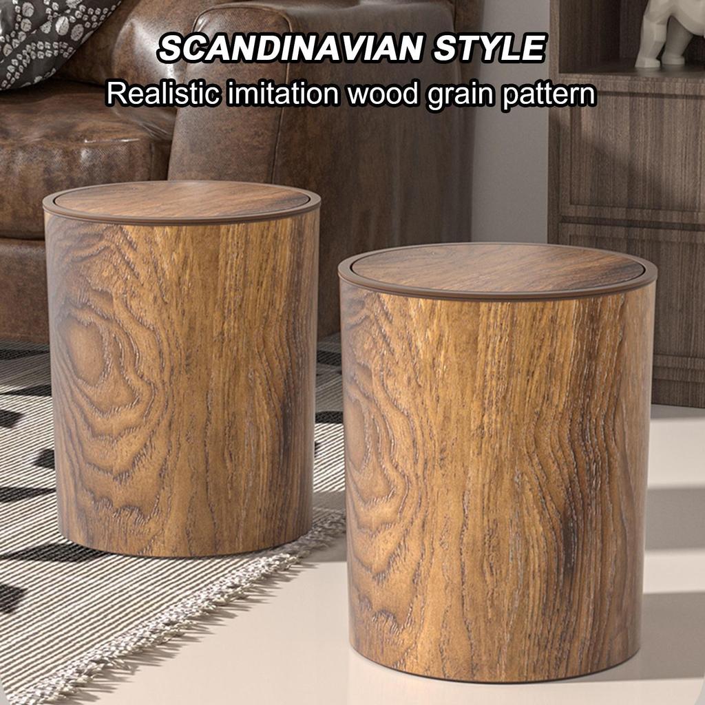 Wood Grain Garbage Can with Swing Lid Wood Grain Kitchen Trash Can Wastebasket Retro Waste Paper Rubbish Trashcan for Bedroom