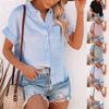 Женская повседневная модная хлопково-льняная рубашка с короткими рукавами и лацканами на пуговицах, топ