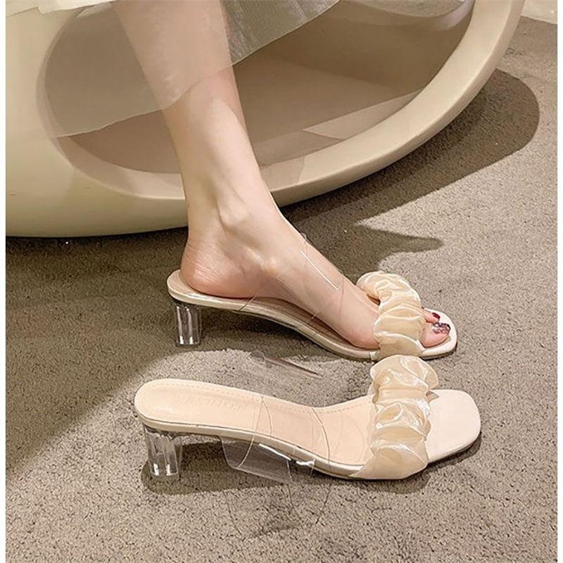 Thick Heel Transparent Slippers Female Summer Wear 2025 New Fairy Style with Skirt Crystal High Heel Word with Cool Slippers