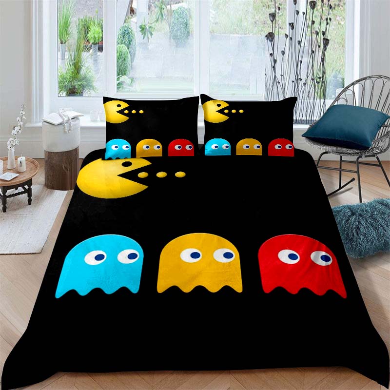 Детский развивающий постельный комплект с принтом Pac-Man, включающий пододеяльник и две наволочки, — идеальный праздни