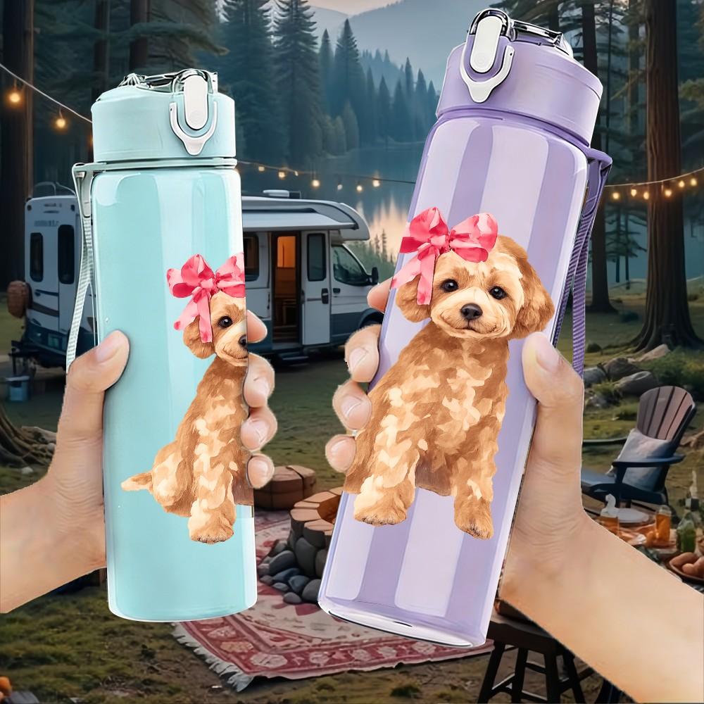1PC Cute Golden Poodle Dog Cartoon 750ml Color Plastic Sports Water Bottle Leakproof Flip Straw Lid Suitable for Sports Office Home Use