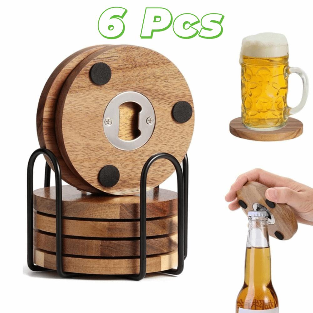 6PCS 2 in 1 Wood Coaster with Bottle Opener Non-Slip Round Insulated Cup Pad with Storage Rack Party Cup Mat Set Bar