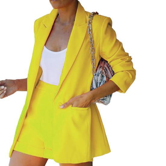 Женский костюм, однотонный кардиган с лацканами, блейзер, летняя куртка, шорты, костюм, уличная одежда, 2 шт./компл.