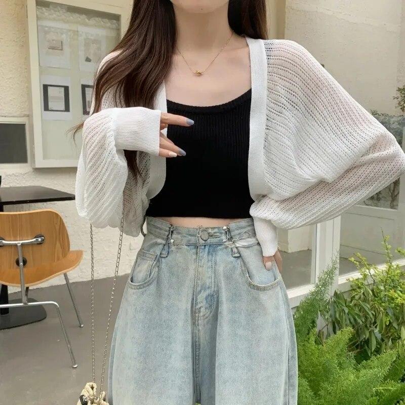 White Hollowed Out Knitted Cardigan Sweet Versatile Women Short Top Loose Shawl Thin Coat New Fashion Commuting Spring Autumn