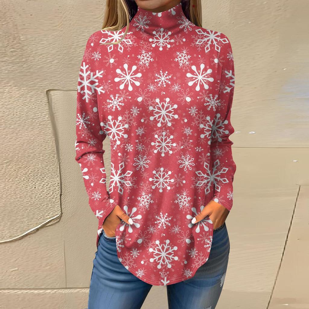 Tee Shirts For Women Fall Casual Long Sleeve Shirts Sweatshirt Vintage Printed High Neck Top Pullover