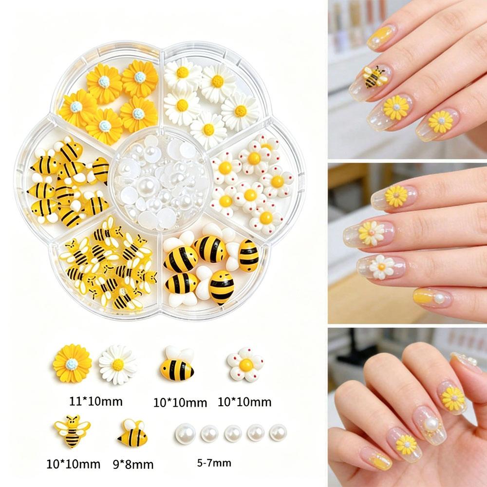 1box Cute Bee Daisy Sunflower Nail Charms 10mm Resin Yellow White Floral Nail Gems Flatback Sunflower Daisy Bee Nail Decora D@37
