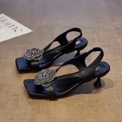 Мода 2025 Горячая Распродажа Женские Современные Сандалии Летние Большие Размеры Квадратный Носок Цветочные Тонкий Каблук Сандалии Слипоны для Модного Элегантного Платья