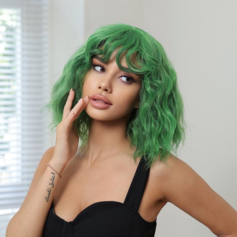 14 Inch Greenish Blue Short Curly Wig With Bangs Women Full Cap Synthetic Hairpiece Natural Style