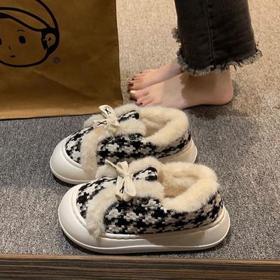 Мода 2024 года, классические туфли на платформе с клетчатым принтом для женщин, мягкие и пушистые тапочки для женщин, туфли на плоской подошве из мехового флиса со шнуровкой