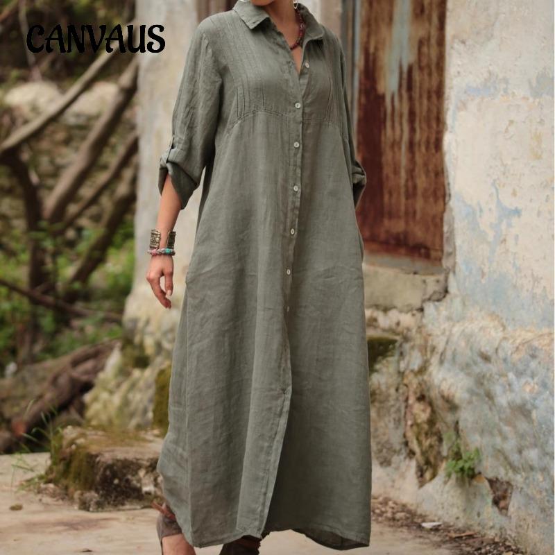 Plus Size Spring and Autumn Women's Dress Solid Colour Standing Collar Long Sleeve Temperament Elegant Simple Loose Fashion Long Cotton Linen Dresses