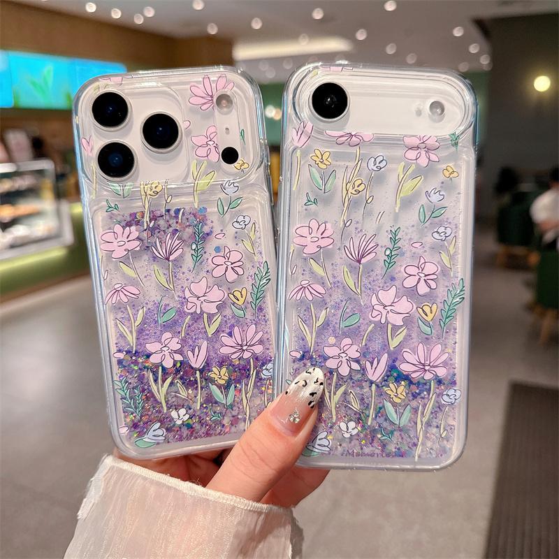 Чехол с цветами, блестками и переливающимся песком для iPhone 15 16 17 Pro Max, Светящийся фиолетовый, с движущимся песком, Глянцевый, Жидкий, Чехол для телефона, Fundas
