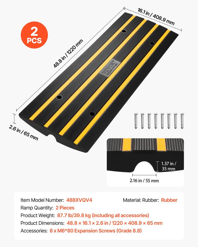 VEVOR Curb Ramp, 2 Pack, 2.6" Rise, Rubber Driveway Ramps, Heavy Duty 33069 lbs Weight Capacity Threshold Ramp